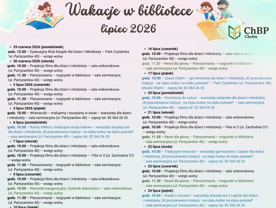 Chełmska Biblioteka Publiczna ogłosiła swój program na wakacje.