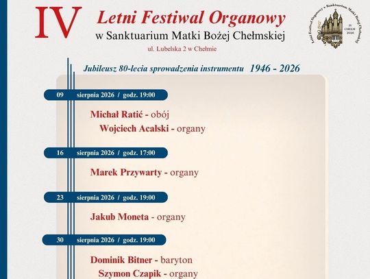 Już w niedziele rusza IV Letni Festiwal Organowy w Sanktuarium Matki Bożej Chełmskiej.