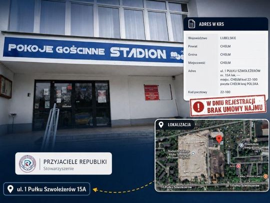 Pokoje Gościnne „Stadion” przy ul. I Pułku Szwoleżerów 15A w Chełmie. To ten adres Stowarzyszenie Przyjaciół Republiki wskazało w KRS jako swoją siedzibę. Miasto i MOSiR przekazują, że w dacie rejestracji nie było umowy najmu ani użyczenia.