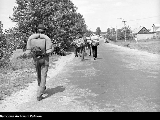 Zdjęcie ilustracyjne/Wakacje na Suwalszczyźnie 1972 rok. Turyści z plecakami maszerują wiejską drogą. W tle zabudowa wsi