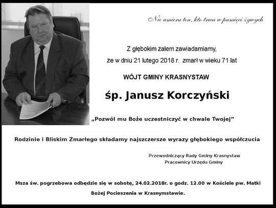 Nie żyje Janusz Korczyński, wójt gminy Krasnystaw. Gminą zarządzał od 37 lat