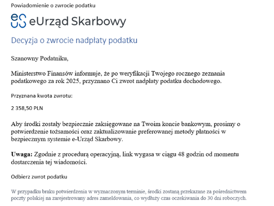Krajowa Administracja Skarbowa ostrzega przed nową falą oszustw - przykład fałszywej wiadomości