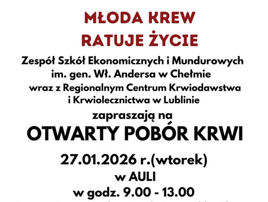 Jutro w Zespole Szkół Ekonomicznych i Mundurowych w Chełmie odbędzie się kolejna edycja akcji honorowego krwiodawstwa.