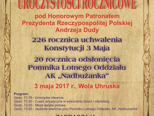 Wola Uhruska zaprasza na uroczystości 3 Maja