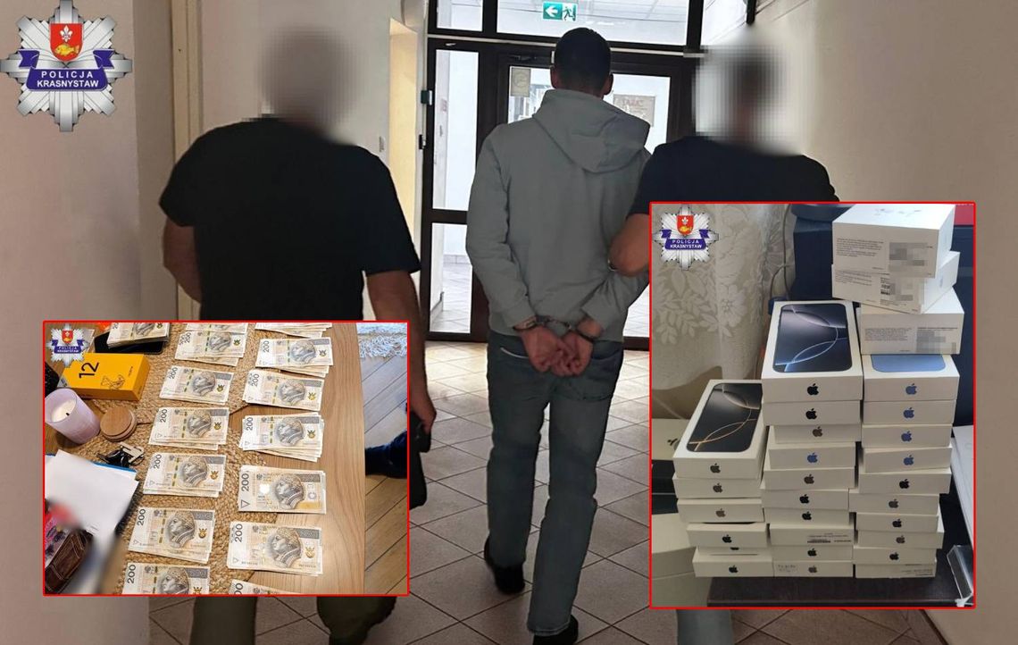 108 zarzutów dla 23-latka. Wyłudził telefony na 430 tys. zł. Wykorzystał dane z biura matki [FILM, ZDJĘCIA]