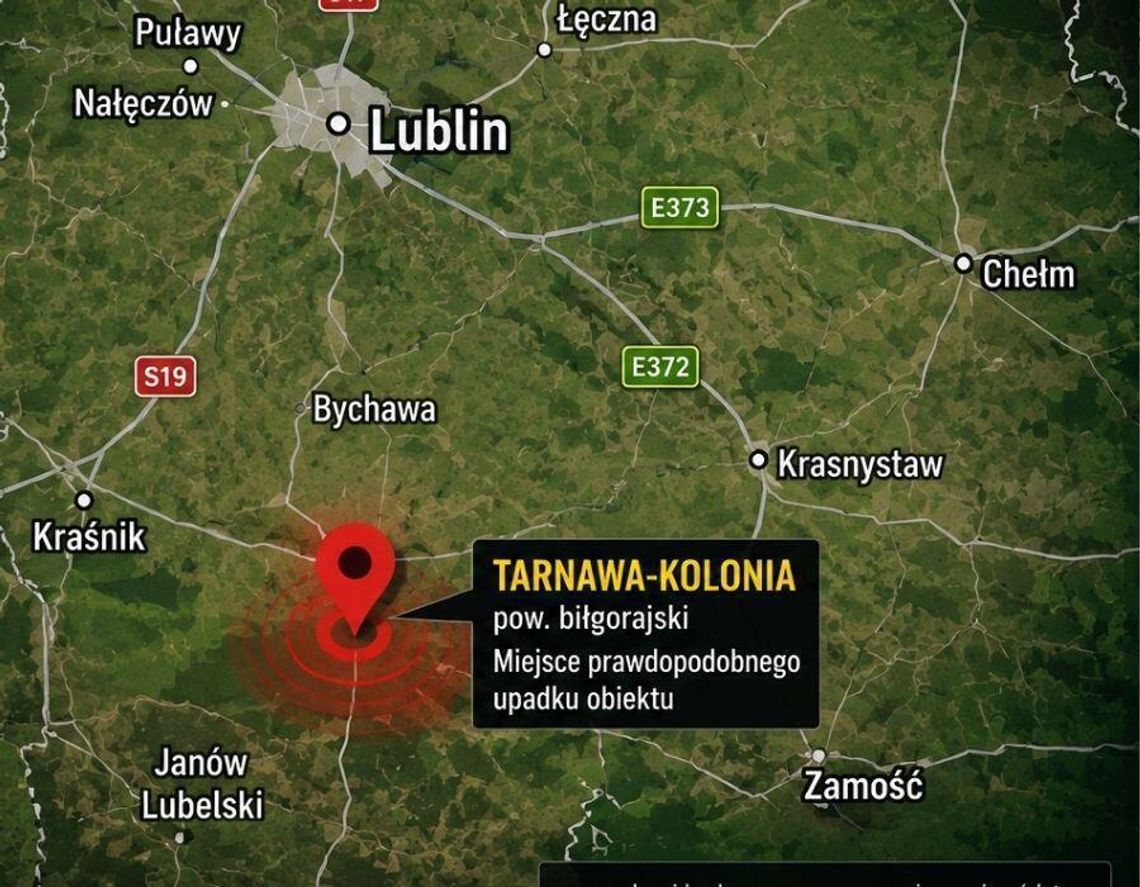 Alarm w Lubelskiem. Obiekt spadł pod Biłgorajem W Tarnawie-Kolonii w powiecie biłgorajskim, służby odnalazły prawdopodobne miejsce upadku niezidentyfikowanego obiektu.