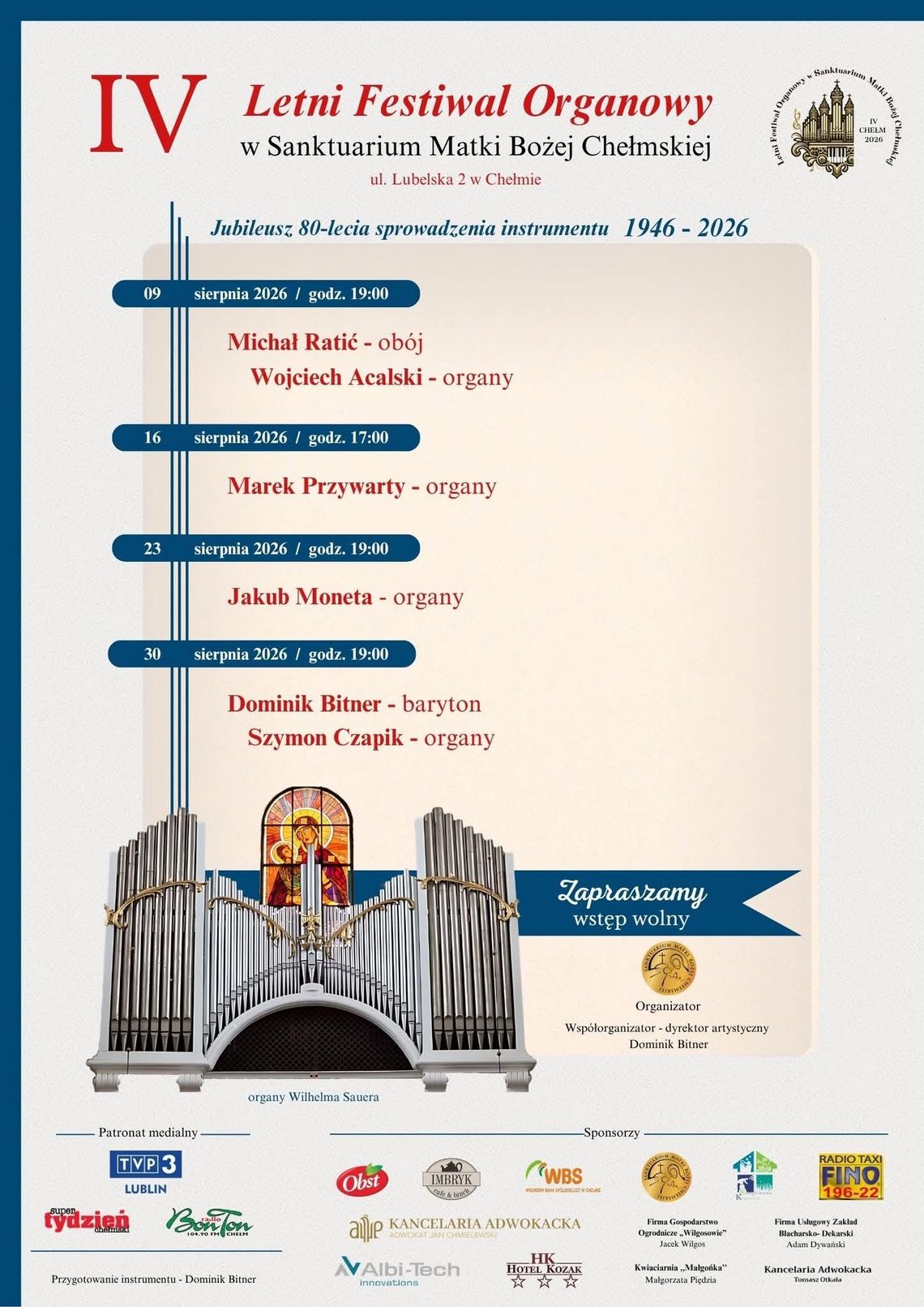 Już w niedziele rusza IV Letni Festiwal Organowy w Sanktuarium Matki Bożej Chełmskiej.