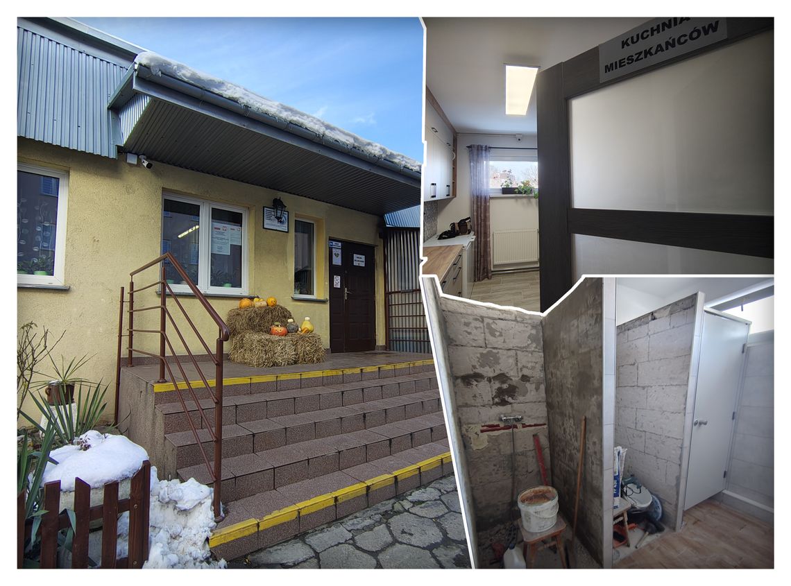 Ciężki czas dla bezdomnych. Radio Bon Ton z wizytą w schronisku Towarzystwa Świętego Brata Alberta! Kolaż trzech zdjęć, ukazujący remont łazienki, wyremontowaną kuchnię oraz wejście do schroniska Towarzystwa Św. Brata Alberta Koło Chełmskie