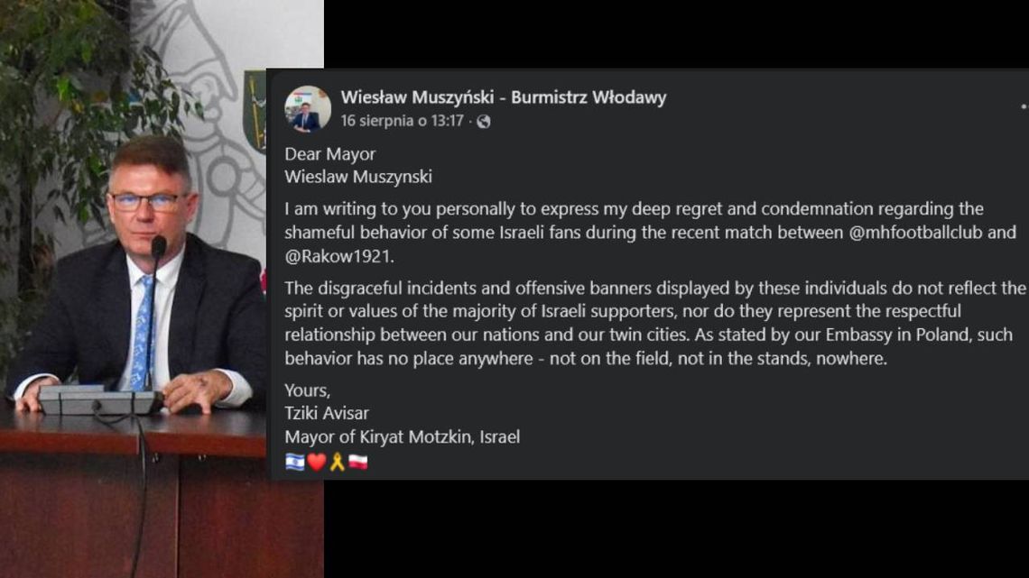 Izraelski burmistrz przeprasza za transparenty kibiców. Przesłał list do włodarza Włodawy