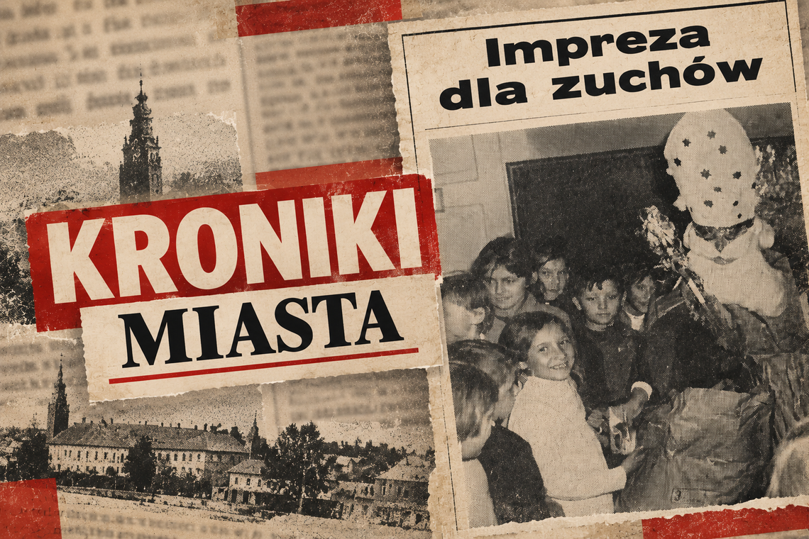 Kroniki Miasta. Dziecięca uroczystość w cieniu wielkiej polityki. Mikołaj w czasach PRL. Grafika ilustracyjna przygotowana z wykorzystaniem AI oraz fragmentu artykułu ze „Sztandaru Ludu” z 30 grudnia 1971 r.