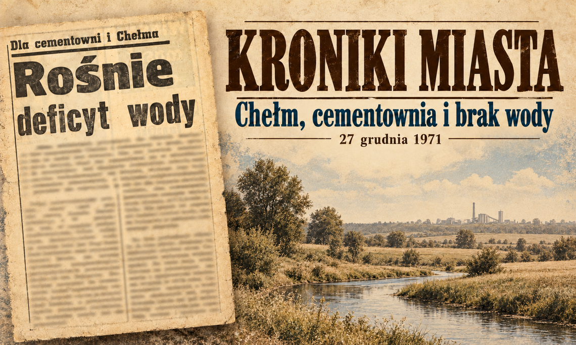Kroniki Miasta. Miasto rosło, wody brakowało. Chełm w grudniu 1971 roku Grafika ilustracyjna przygotowana z wykorzystaniem AI oraz fragmentu artykułu z „Kuriera Lubelskiego” z 27 grudnia 1971 roku1971 r.