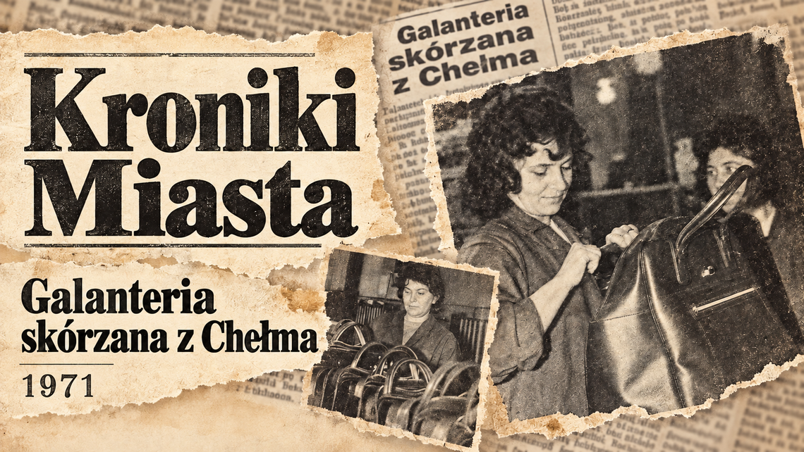Kroniki Miasta. Torebki, aktówki i teczki prosto z Powiatowej Spółdzielni Usług Wielobranżowych w Chełmie Grafika ilustracyjna przygotowana z wykorzystaniem AI oraz fragmentu artykułu i zdjęć ze „Sztandaru Ludu” z 20 grudnia 1971 r.