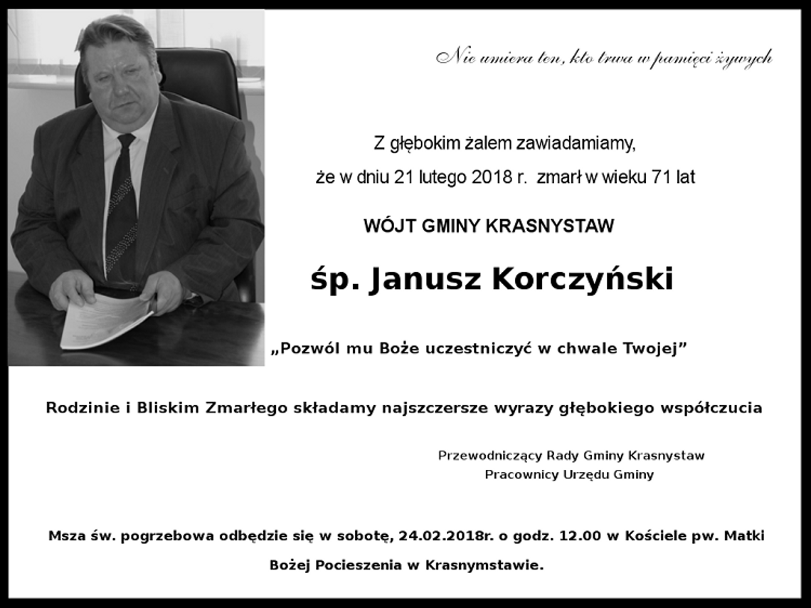 Nie żyje Janusz Korczyński, wójt gminy Krasnystaw. Gminą zarządzał od 37 lat