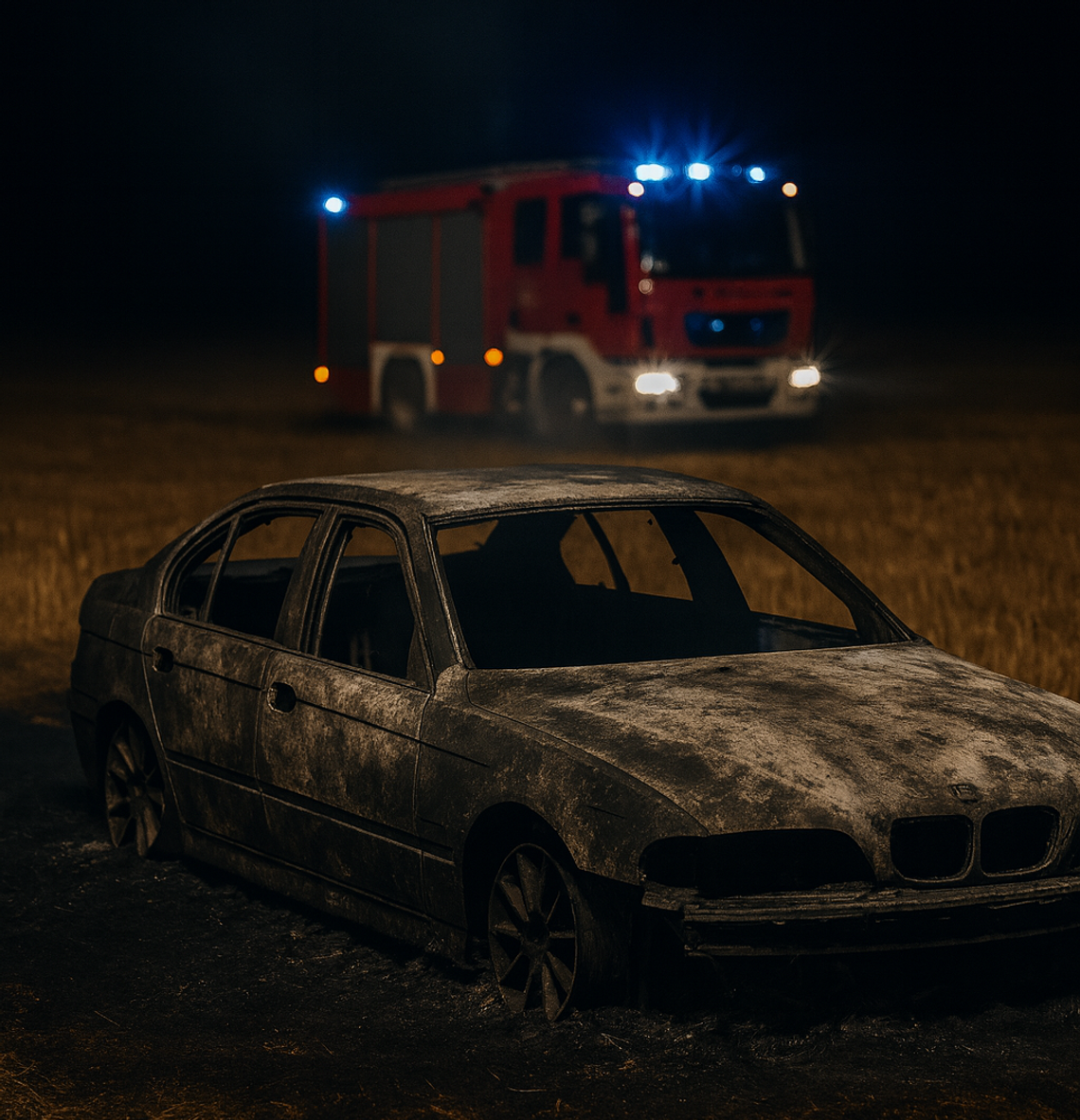 Pożar porzuconego BMW – pojazd spłonął doszczętnie