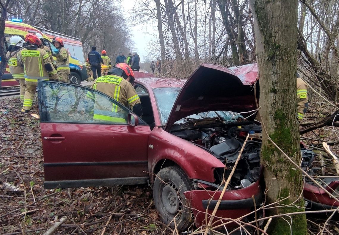 Samochód uderzył w drzewo. Kierowca przetransportowany do szpitala śmigłowcem LPR [ZDJĘCIA]