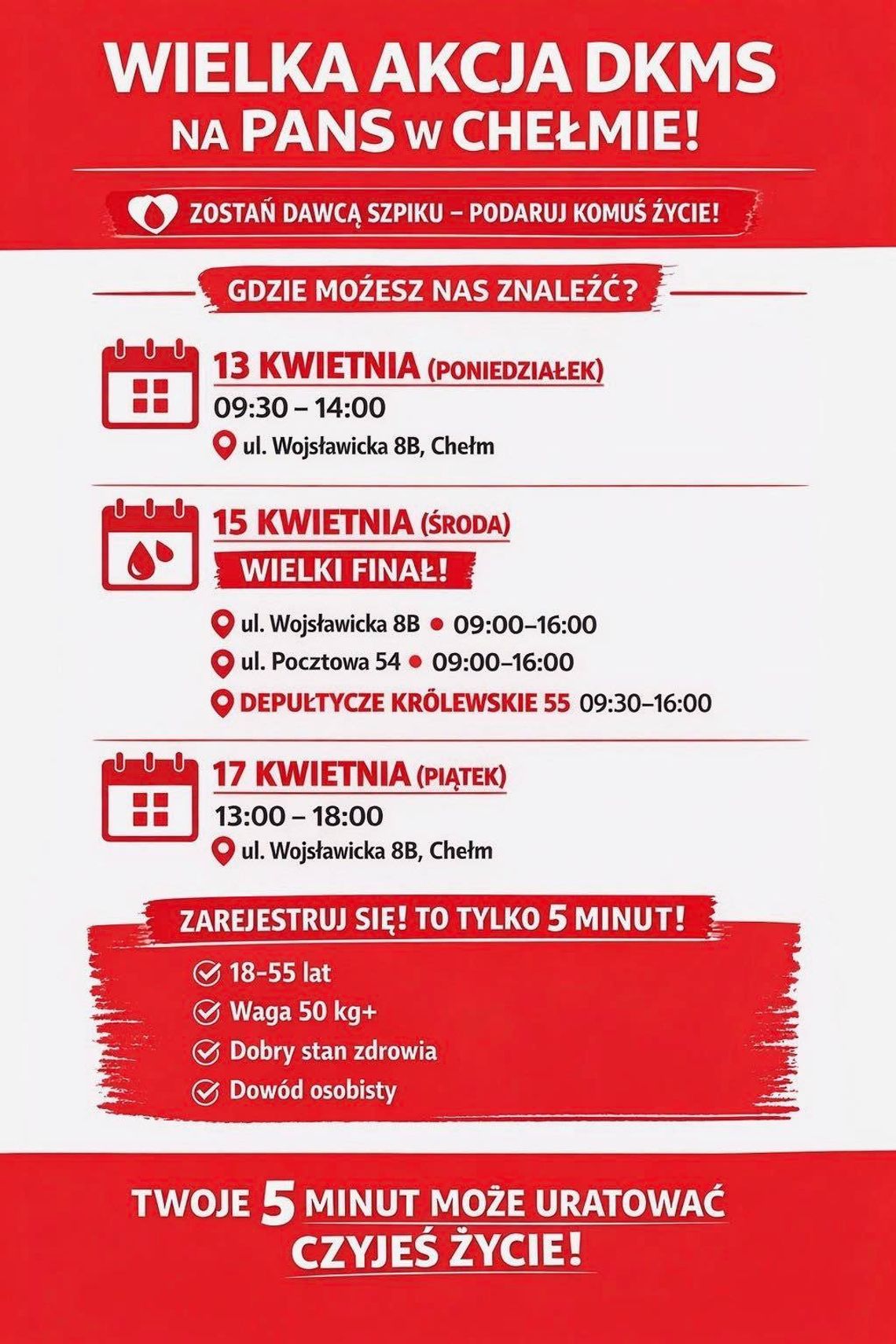 Wiadomości lokalne. Trzy lokalizacje, jeden cel. Studenci PANS zachęcają do rejestracji w bazie DKMS Wiadomości lokalne. Trzy lokalizacje, jeden cel. Studenci PANS zachęcają do rejestracji w bazie DKMS