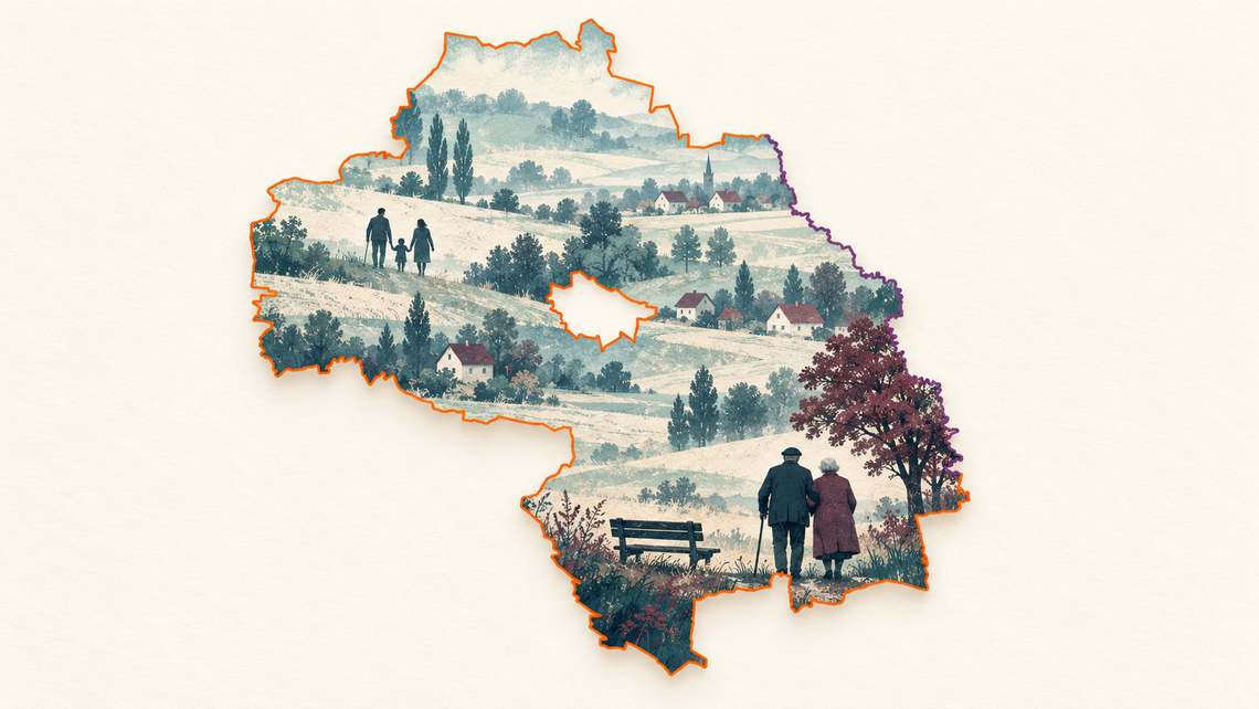 Wiadomości lokalne. Urodzenia nie równoważą zgonów. Jak wygląda sytuacja w gminach powiatu chełmskiego? Grafika ilustracyjna przygotowana z wykorzystaniem AI i mapy powiatu chełmskiego