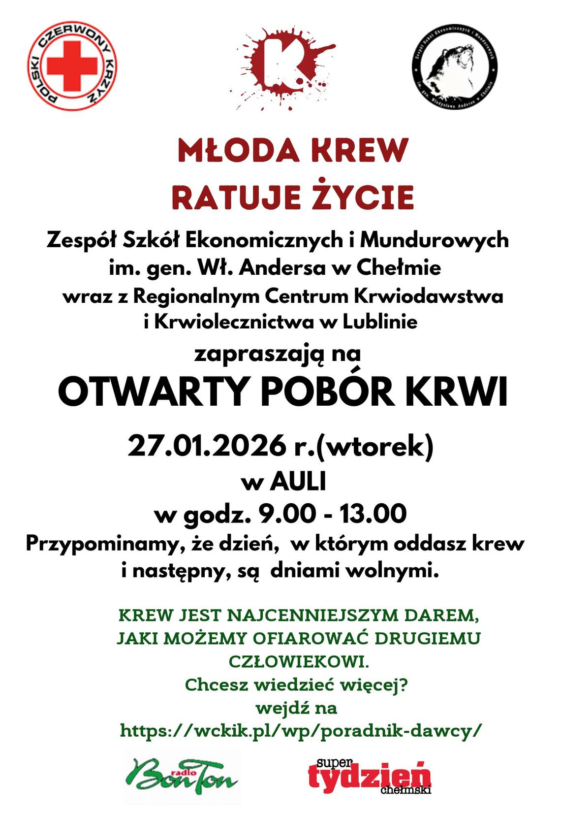 Jutro w Zespole Szkół Ekonomicznych i Mundurowych w Chełmie odbędzie się kolejna edycja akcji honorowego krwiodawstwa.